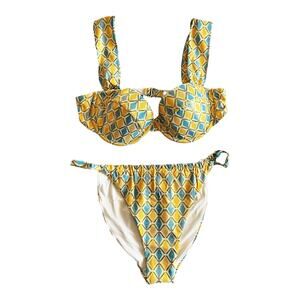 WEWOREWHAT Metallic Geo Bikini Set Ruched Bottom Claudia Top Orange Blue Large